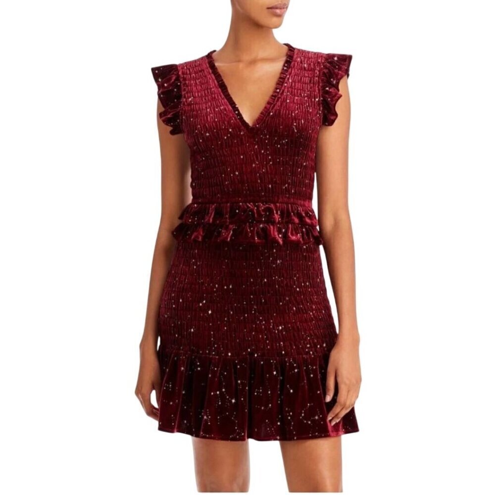 Aqua Burgundy Velvet Smocked Ruffle Metallic Silver Star Mini Dress Size S